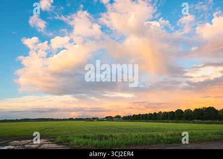 Orange colored clouds contrast sharply against the deep blue sky behind a thunderstorm over the Dutch countryside. Stock Photo