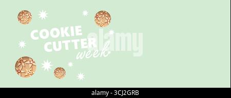 Cookie cutter week. Decorative inscription, 3D effect, cookies. Modern poster, banner, Christmas holidays. Baking Christmas cookies. Pastel background Stock Photo