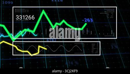 Displaying white-outlined panel showing neon green spikes on grid backdrop, with numeric overlays. Technology, data visualization, analytics, digital Stock Photo