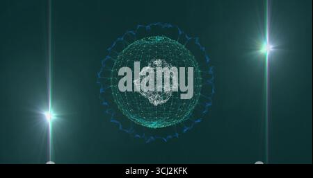 Wireframe sphere rotating pulsing white nodes in green field, with blue waveform ring, teal flares. Futuristic, technology, digital, network, abstract Stock Photo
