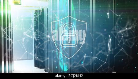 Displaying holographic shield floating above racks in data center, with padlock icon and node lines. Technology, cybersecurity, digital, innovation, i Stock Photo