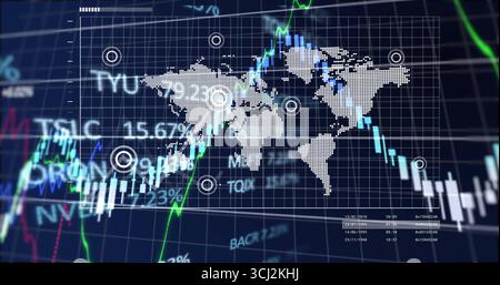 Displaying pixelated map spanning grid over trading dashboard with candlesticks and ticker symbols. Financial, technology, digital, analytics, data vi Stock Photo