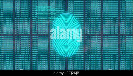 Displaying neon turquoise fingerprint graphic on security interface, with numerical data columns. Cybersecurity, biometric, digital, futuristic, data Stock Photo