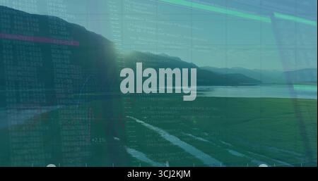 Displaying code interface overlaid on lakeside at dawn with code text and line graph showing +2.1%. Nature, technology, digital, analytics, visualizat Stock Photo