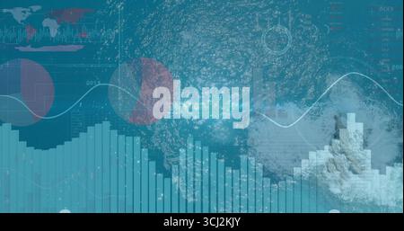 Displaying jetty with breaking waves being overlaid by data visualizations at sea, copy space. Ocean, data analytics, maritime, abstraction, visualiza Stock Photo