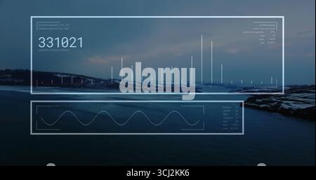 Displaying data panels over rocky coastline at dusk, showing numeric readout, bar graphs waveform. Seascape, data visualization, technology, analytica Stock Photo