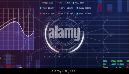 Displaying circular HUD element in dashboard, showing line chart, percent labels, zigzag subgraph. Futuristic, technology, analytics, interface, visua Stock Photo