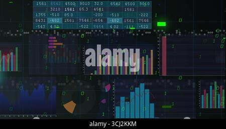 Displaying central vertical bar chart on dark dashboard, with data table and binary overlay. Analytics, visualization, data, digital, technology, dash Stock Photo