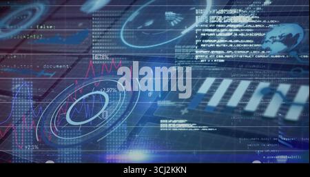 Displaying 3D circular chart on grid with line graphs, percentages, code, bars, globe, copy space. Futuristic, visualization, data, technology, interf Stock Photo