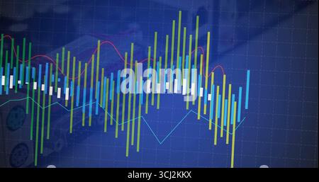 Displaying bar chart with overlaying line graph on gridded dashboard, with engine background. Finance, data analysis, visualization, technology, autom Stock Photo