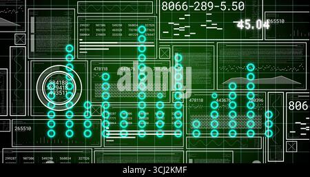 Displaying neon-blue circular nodes forming columns on futuristic interface, with white data panels. Technology, data visualization, digital interface Stock Photo