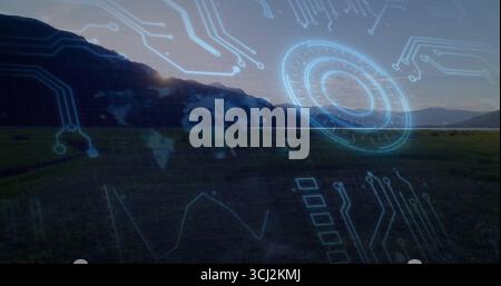 Displaying mountain ridge spanning valley at dusk, with blue circuit patterns, copy space. Nature, technology, landscape, futurism, innovation, connec Stock Photo