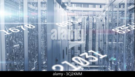 Shimmering server racks displaying LED lights in data center corridor, with floating binary digits. Technology, infrastructure, digital, networking, i Stock Photo