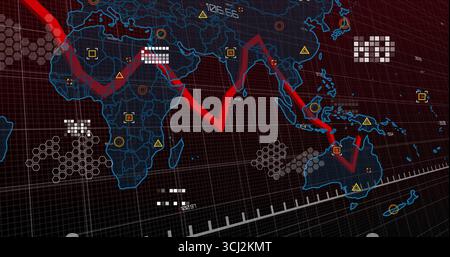 Displaying world map with red downward trend graph onscreen, hexagonal clusters and warning icons. Digital, data, visualization, technology, analysis, Stock Photo