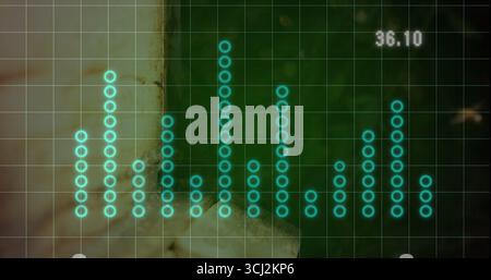 Displaying teal circle equalizer bars glowing on digital grid overlay with numeric readout 36.10. Futuristic, technology, abstract, neon, interface, a Stock Photo