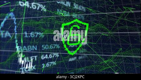 Displaying neon green shield icon glowing in data interface with grid and scrolling code overlays. Cyberspace, digitalsecurity, futurististyle, networ Stock Photo