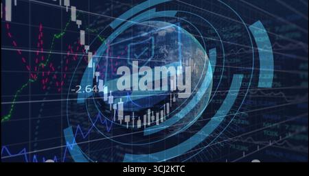 Displaying 3D globe rotating in virtual finance interface, with candlestick chart and blue rings. Technology, data visualization, futuristic, analytic Stock Photo
