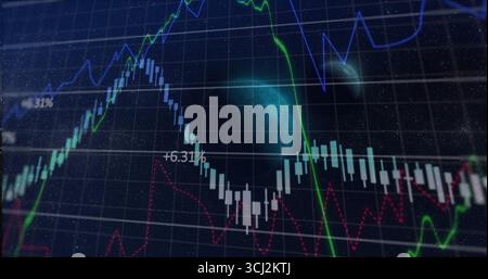 Displaying candlestick bars showing price changes on screen with % labels, trend lines and planets. Futuristic, digital, finance, data, technology, an Stock Photo