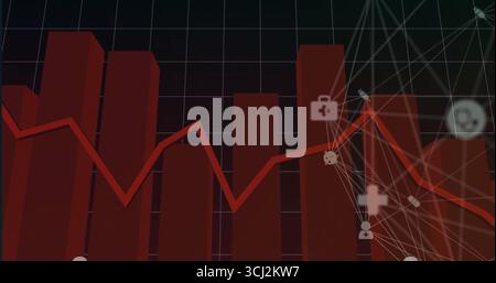 Displaying red bar graphs with overlaid line graph on digital dashboard, showing network icons. Analytics, data visualization, technology, digital int Stock Photo