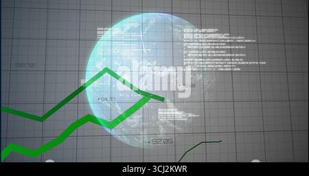 Displaying semi-transparent 3D globe in virtual dashboard, with green chart lines and code snippets. Data visualization, futuristic, digital interface Stock Photo