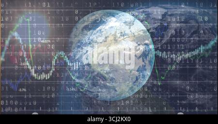 Rotating Earth globe showing binary overlay in data space, with colored line graphs and percentages. Globes, data visualization, digital analytics, fi Stock Photo