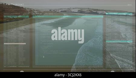 Displaying digital terminal interface hovering over beach dunes, with code window and data logs. Futuristic, technology, coastal, holographic, interfa Stock Photo