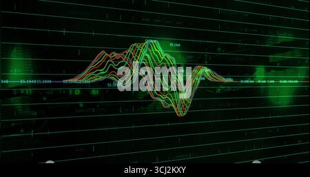 Displaying multicolored waveform lines pulsing on grid display, with numeric labels, circuitry. Neon, cybersecurity, futuristic, technology, data visu Stock Photo