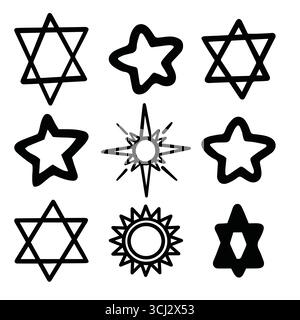 Star icon set hand drawn. Black white outline drawing for star of David and suns Stock Vector
