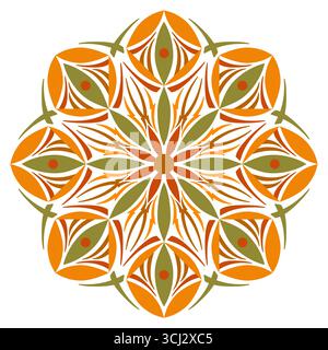 Autumn round mandala vector illustration. Seasonal pattern in autumnal colors. Folklore ornament with leaves and lines. Ethnic decor for clothes, home Stock Vector