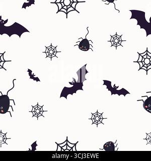 Seamless Halloween pattern with black bats, spiders, and cobwebs on white background. Flat vector illustration for festive design Stock Vector