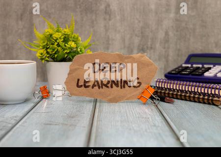Deep Learning text with business woman using a tablet Stock Photo