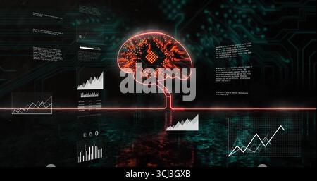 Displaying neon-red circuit-brain icon in digital platform, with red line, charts and code. Cybersecurity, dataanalytics, digitaltransformation, futur Stock Photo