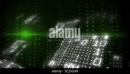 Floating panels displaying binary code in dark void, with green numeric rain and horizontal flare. Futuristic, technology, digital, neon, cyberspace, Stock Photo