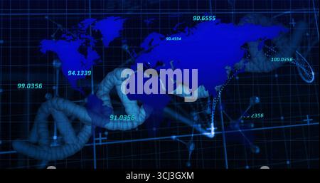 Displaying bright-blue world map glowing in cyberspace environment with 3D helix and numeric labels. Futuristic, technology, data, visualization, digi Stock Photo