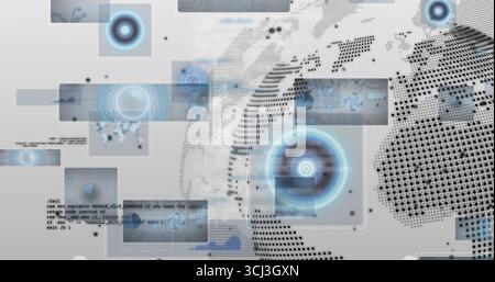 Floating panels in virtual interface, displaying HUD circles, code snippets and dotted world map. Futuristic, digital, technology, interface, network, Stock Photo