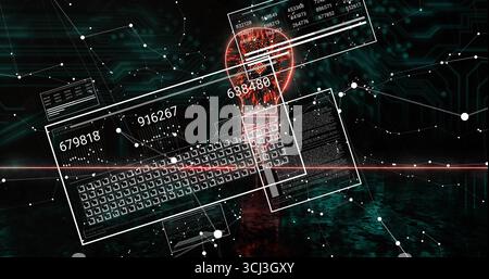 Hovering red glowing light bulb icon on digital grid, with numbered panels, white nodes, red beam. Technology, innovation, connectivity, futuristic, c Stock Photo