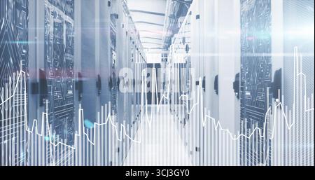 Stretching server racks lining data center corridor with fluorescent lights, glowing LEDs. Technology, infrastructure, cybersecurity, data management, Stock Photo