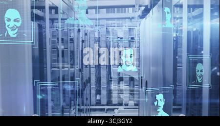 Displaying server racks showing facial recognition overlays in datacenter, with cables and lights. Technology, cybersecurity, digital, innovation, net Stock Photo