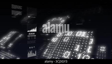 Displaying central rectangular digital data panel in cyberspace, with binary grids and line graphs. Futuristic, digital, abstract, high-tech, data, vi Stock Photo