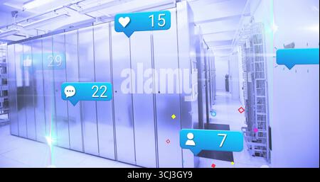 Displaying server cabinets shining under LED lights in data center corridor, with engagement icons. Technology, data, digital, modern, network, futuri Stock Photo