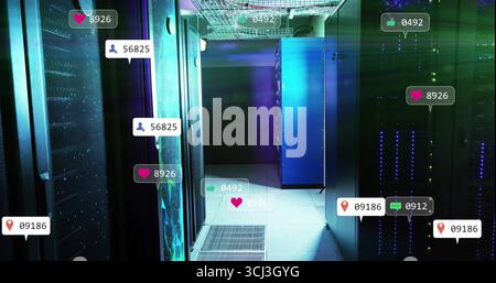 Glowing blue server cabinet illuminating data center corridor, with social media overlay icons. Cybersecurity, technology, digital, infrastructure, ne Stock Photo