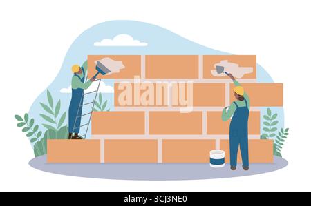 Builders building wall. Men in uniform and helmets lay bricks. Construction, architecture and engineering, building. Stonemason and bricklayer. Flat Stock Vector