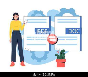 Changing document format. Woman convert files from doc to pdf. Online converter. Conversion from one file format to another. Cloud services. Flat Stock Vector
