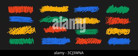 Bright colorful childish scribble collection. Colored crayon doodle line and stripe set. Hand drawn rough charcoal brushstroke element pack. Pastel pencil curly, wavy, squiggly stroke bundle. Vector Stock Vector