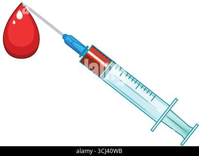 Bold vector illustration of a medical syringe with red blood drop on a white background. Stock Vector