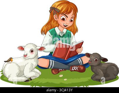 Cartoon vector of girl reading on grass with white and black lambs, cheerful and colorful. Stock Vector