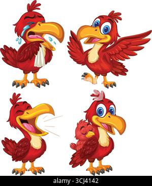 Red cartoon bird shows crying, waving, singing, and hugging chick in bright vector style Stock Vector