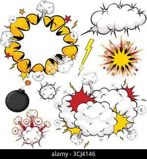 Bold pop art vector of comic book explosions, smoke clouds, bombs, and dynamic lightning outlines. Stock Vector