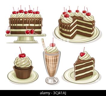 Vector chocolate Cake set, cut out illustrations of cakes with melted chocolate and whipped twisted creme on tray, brown gourmet cup cake with berry a Stock Vector