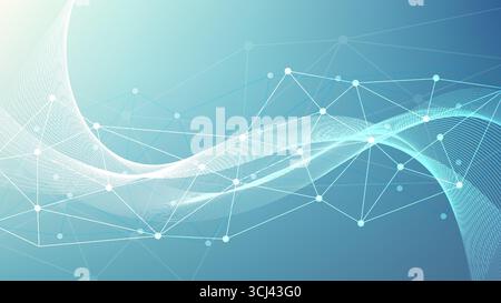 abstract futuristic technology background with blue and white flowing lines and network dots on the right side symbolizing digital communication globa Stock Vector